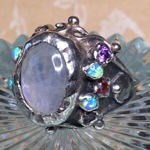 Elegant Sterling Silver and Multi Gemstone Ring with large Moonstone